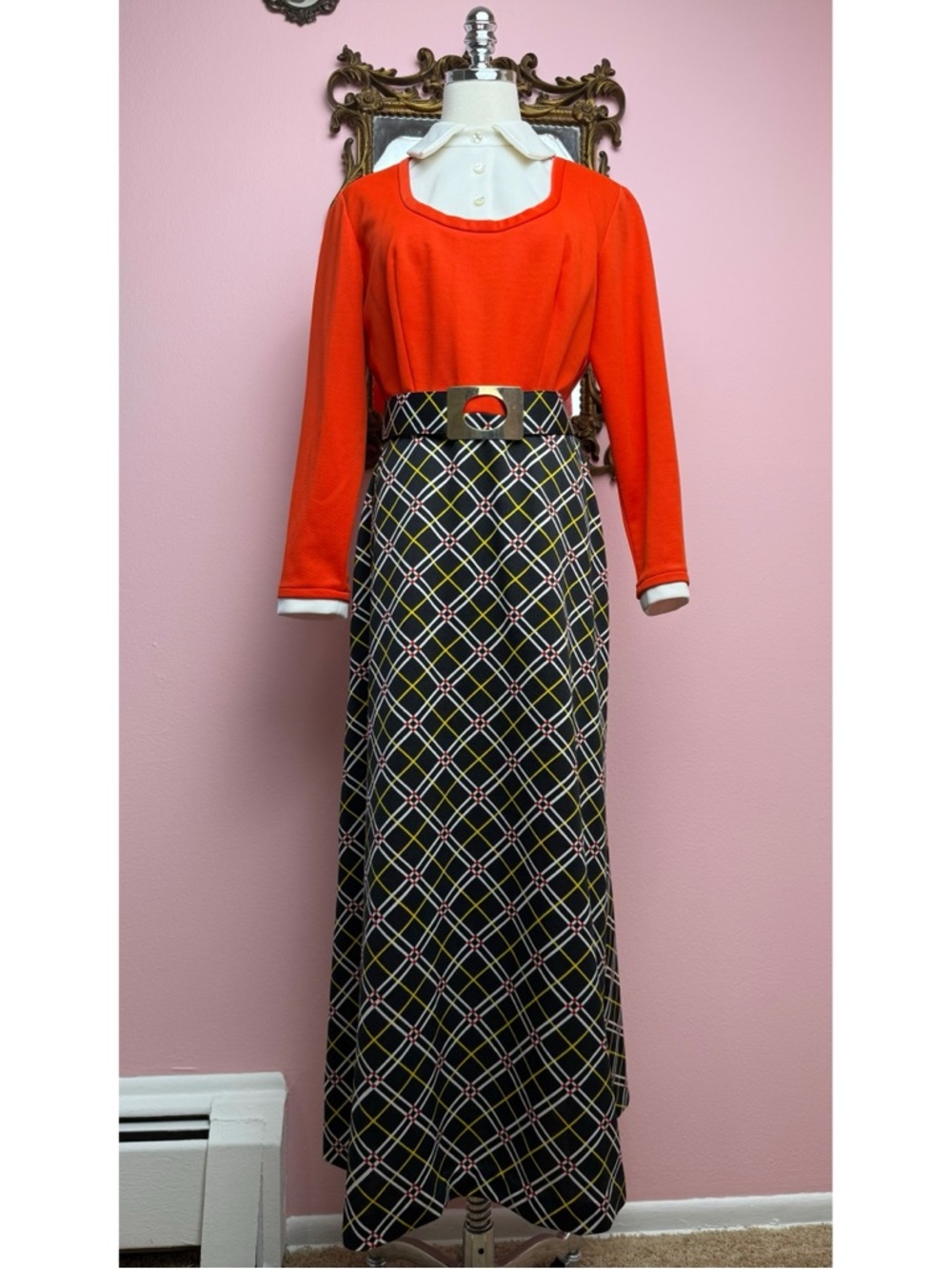 True Vintage 70s Maxi Long Sleeve Orange Black Plaid Collar Dress